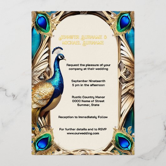 Elegante Pfauenblau goldene Federn 3D real Folieneinladung (Vorderseite)