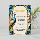 Elegante Pfauenblau goldene Federn 3D real Folieneinladung (Stehend vorne)