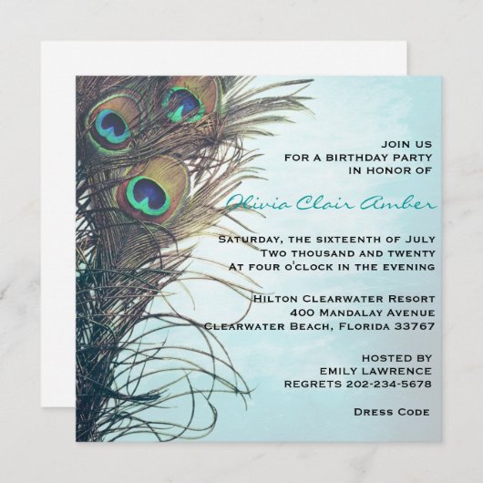Elegante Pfauenfeathers Geburtstagsparty Einladung (Vorne/Hinten)