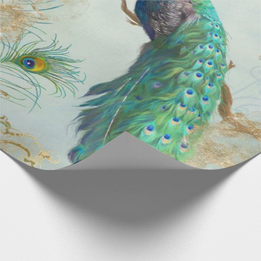 Elegante Pfauenfeathers Pair Blue Gold Decoupage Geschenkpapier (Ecke)