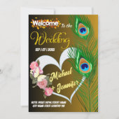 Elegante Pfauenfeder & Rose Custom Wedding Einladung (Vorderseite)