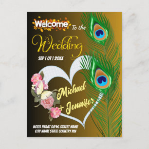 Elegante Pfauenfeder & Rose Custom Wedding Postkarte
