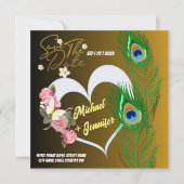 Elegante Pfauenfeder & Rose Custom Wedding Save The Date (Vorderseite)