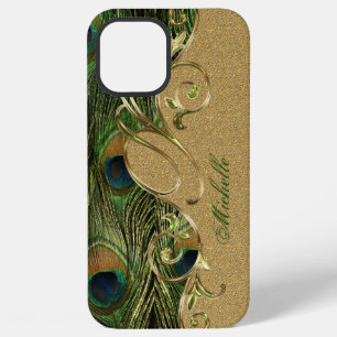 Elegante Pfauenfedern Goldenes Monogramm iPhone 12 Pro Max Hülle