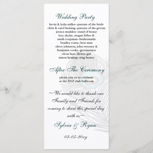 Elegante Pfauenprogramme in Weiß und aquamarin Programm (Rückseite)