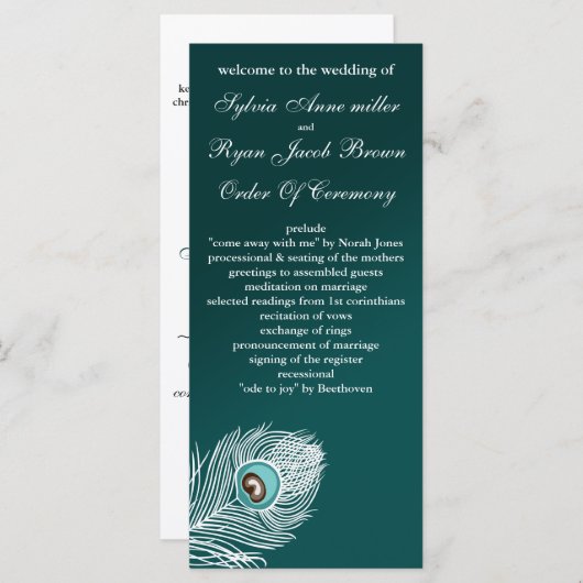 Elegante Pfauenprogramme in Weiß und aquamarin Programm (Vorne/Hinten)