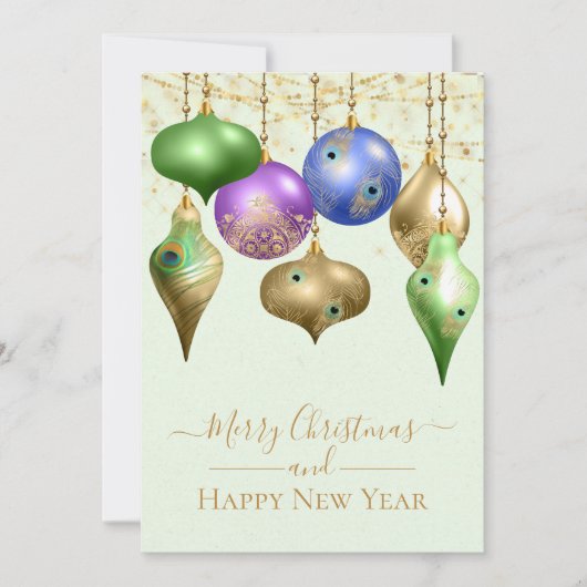 Elegante Pfauenschmuck Frohe Weihnachtsflachkarte (Vorderseite)