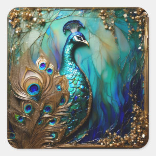 Elegante Pfauenvogel Kunst Nouvea aquamarines Gold Quadratischer Aufkleber