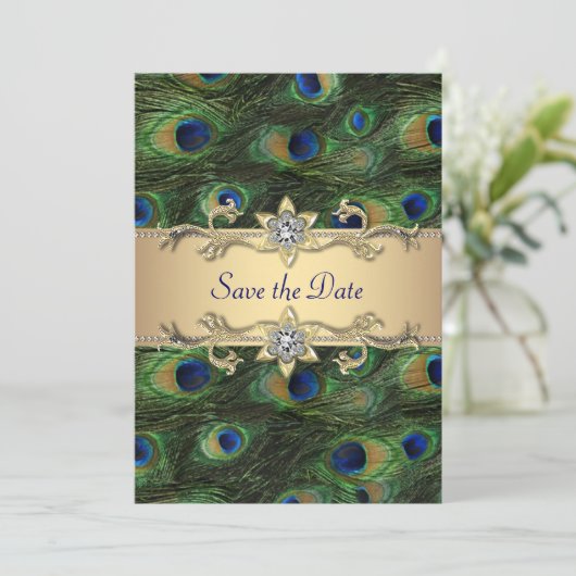Elegante PfauenWedding speichert das Datum Save The Date (Stehend Vorderseite)