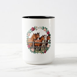 Elegante Pferde in floraler Kranz Kunst  Zweifarbige Tasse