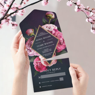 Elegante Pfingstrosen im goldenen Rahmen, moderne  All In One Einladung