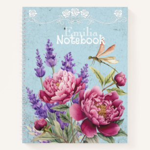 Elegante Pfingstrosen mit Monogramm Lavendel Blau Notizblock