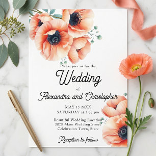 Elegante Pfirsich-Aquarell-Mohn-Hochzeit Einladung