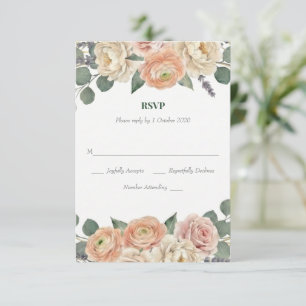 Elegante Pfirsich-Blumen- & Gold-Gitter-Oval-Hochz RSVP Karte
