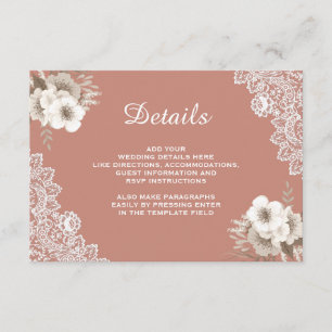 Elegante Pfirsich-Blumen-Spitze Hochzeitsdetails Begleitkarte