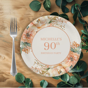 Elegante Pfirsich-Creme-Blumen zum 90. Geburtstag Pappteller