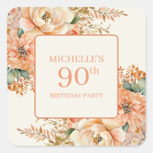 Elegante Pfirsich-Creme-Blumen zum 90. Geburtstag Quadratischer Aufkleber