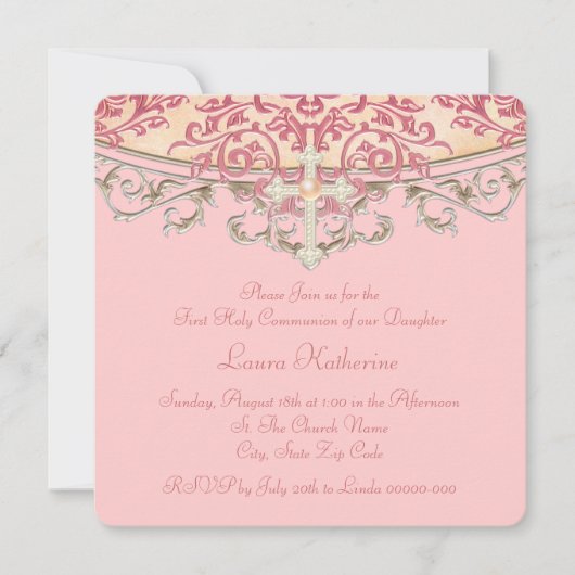 Elegante Pfirsich-Korallen-erste Kommunion Einladung (Vorderseite)