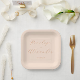 Elegante Pfirsich-Minimalistische Namen Pappteller