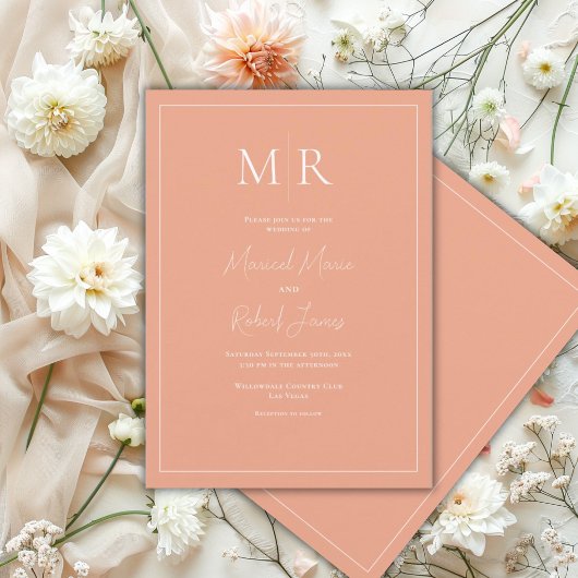Elegante Pfirsich-Monogramm-Moderne Hochzeit Einladung