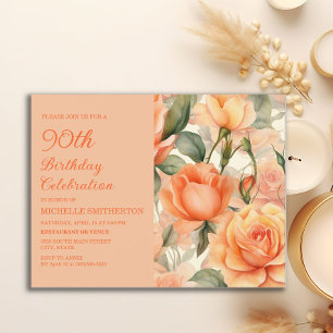 Elegante Pfirsich-Orangen-Blumenrosen 90. Geburtst Einladungspostkarte