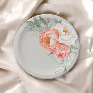 Elegante Pfirsich- und Elfenbein-Aquarell-Blumen Pappteller