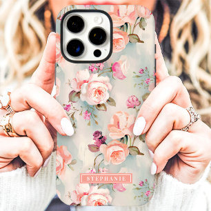 Elegante Pfirsich- und rosa florale Namenshülle iPhone 16 Pro Max Hülle