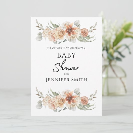 Elegante pfirsichfarbene Blume Babydusche Save The Date (Stehend Vorderseite)