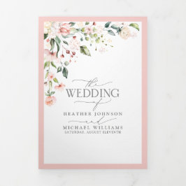 Elegante Pfirsichfarbene Hochzeit mit floraler Flo Dreifach Gefaltete Einladung