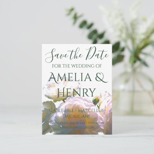 Elegante, pfirsichorange Rose Save The Date (Stehend Vorderseite)