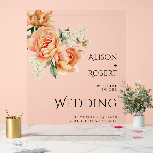 Elegante Pfirsichpferde Blume Hochzeit WILLKOMMEN Acrylschild (Hochzeit)