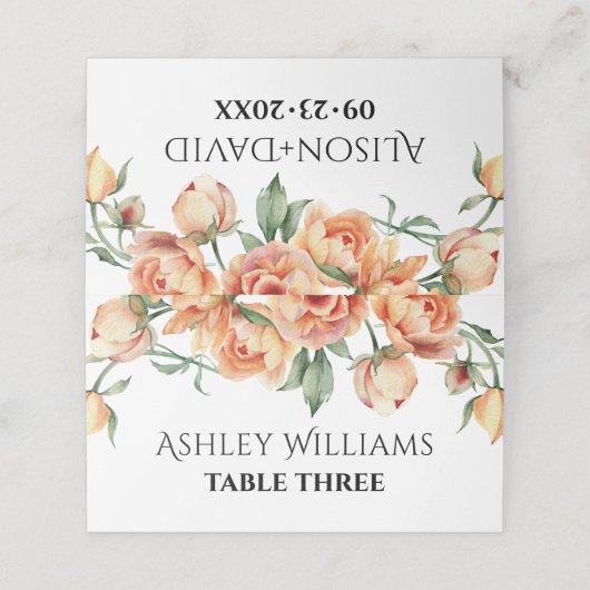 Elegante Pfirsichpferde Blume Hochzeitsfeier Platzkarte (Außenseite Aufgefaltet)