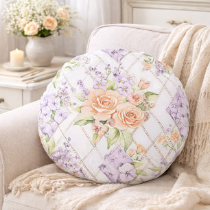 Elegante Pfirsichrosen Lavendel Blumen Cottagecore Rundes Kissen