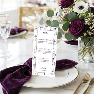 Elegante Pflaume Lila Blumige Linienkunst Hochzeit Menükarte