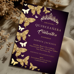 Elegante Pflaume Lila Gold Schmetterling Quinceane Folieneinladung
