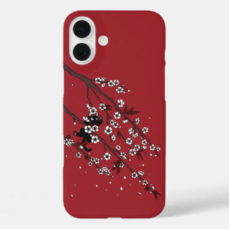 Elegante Pflaumenblüten und schwarze Katze iPhone 16 Plus Hülle