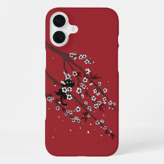 Elegante Pflaumenblüten und schwarze Katze iPhone 16 Plus Hülle