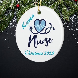 Elegante Pflegekraft Blaues Herz Personalisieren Keramik Ornament