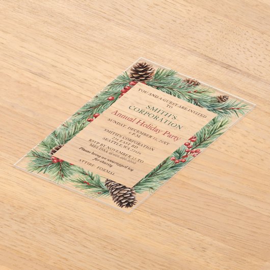 Elegante Pine Berries Corporate Holiday Party Acryleinladungen (Ablage )
