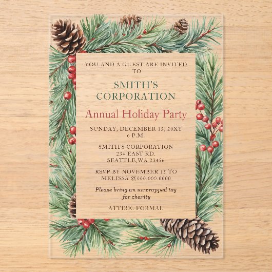 Elegante Pine Berries Corporate Holiday Party Acryleinladungen (Vorderseite)