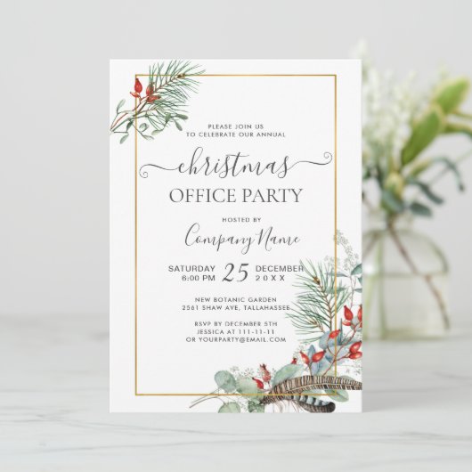 Elegante Pine Eucalyptus Weihnachtsbüros Party Einladung (Stehend Vorderseite)