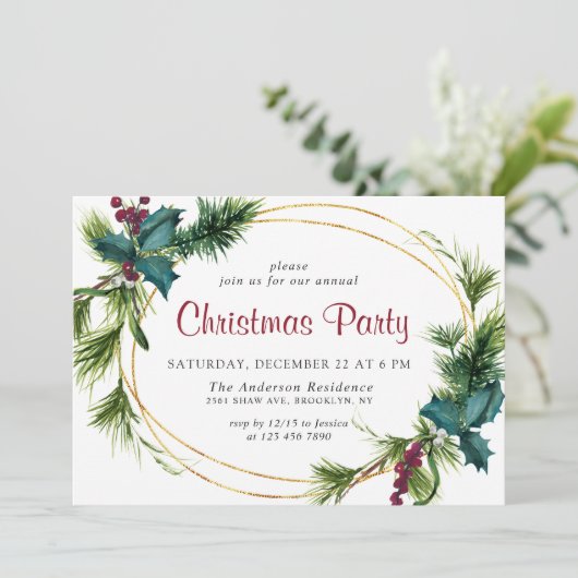 Elegante Pine Holly Berry Weihnachtsfeier Einladung (Stehend Vorderseite)