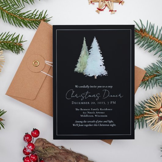 Elegante Pine Trees Forest Black Christmas Dinner Einladung