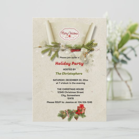 elegante Pine und Geschenke beige Weihnachten Einladung (Stehend Vorderseite)