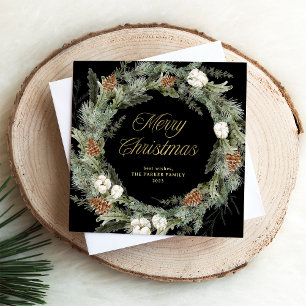 Elegante Pine Wreath Black Gold Frohe Weihnachte Feiertagskarte