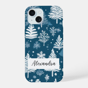 Elegante Pinienbäume mit sinkenden Schneeflocken W iPhone 15 Hülle