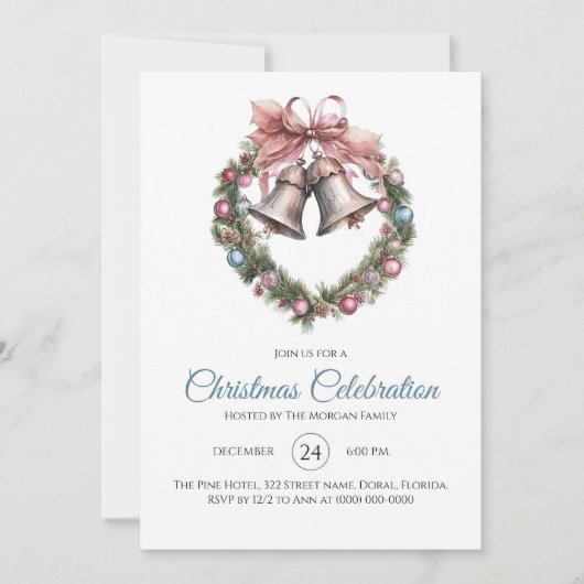 Elegante Pink Bell Wreath Weihnachtsfeier Einladung (Vorderseite)