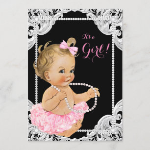 Elegante Pink Black Pearl Baby Girl Dusche Einladung