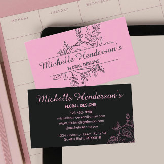 Elegante Pink & Black Rosen Illustration Florist Visitenkarte