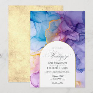 Elegante Pink-, Blau- und Gold-Fließtinte-Hochzeit Einladung